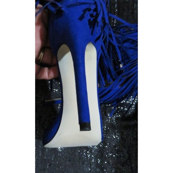 Stylewatch for Justfab Sosha Cobalt Blue Suede Leather Fringed caged heels sz 8 - Picture 13 of 15